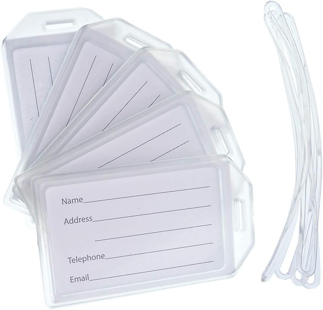 5 Pack - Premium Rigid Airline Luggage Tag Holders with 6" Worm Loops - Heavy Duty Hard Plastic -Suitcase ID Tag Identifiers with Business Card Insert Window by  (Translucent/Clear)
